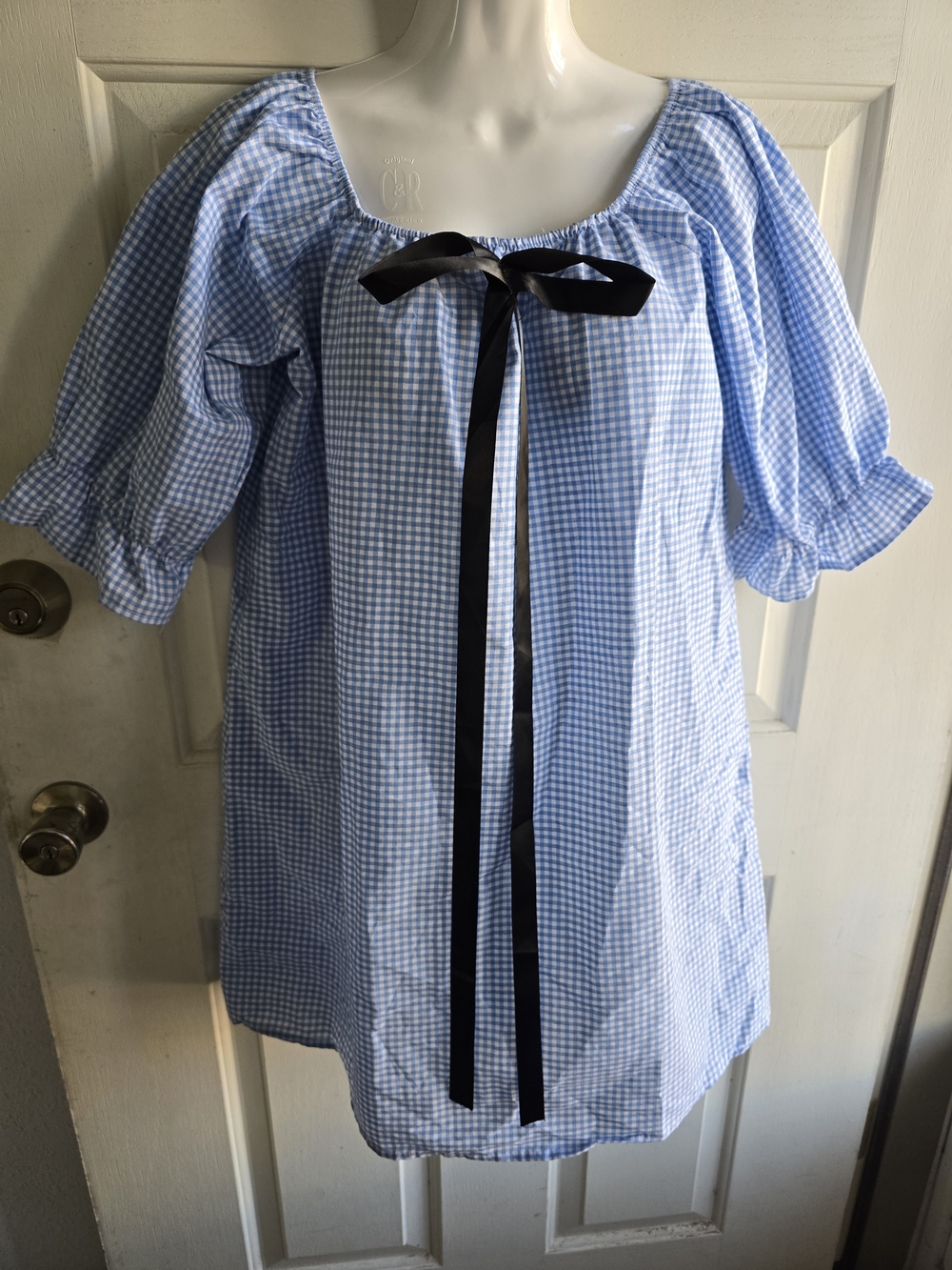 Girls Blue Gingham Puff-Sleeve Dress with Black Ribbon